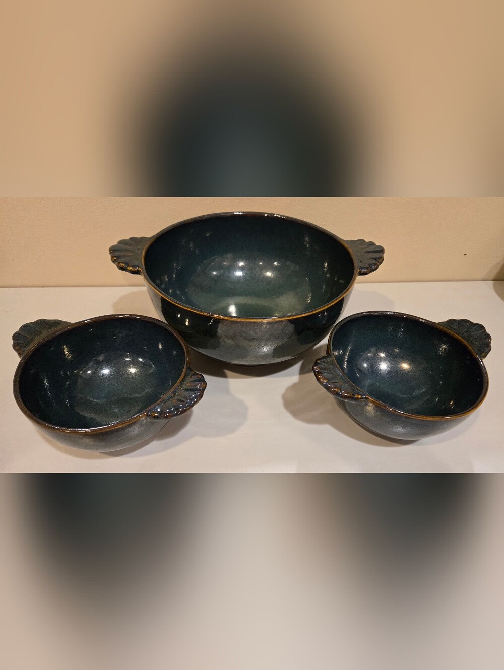 Bobby Flay Deep Teal Ceramic Serving Bowls with Leaf Handles - Set of 3